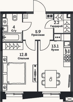 Планировка: 1-к, 38 м²