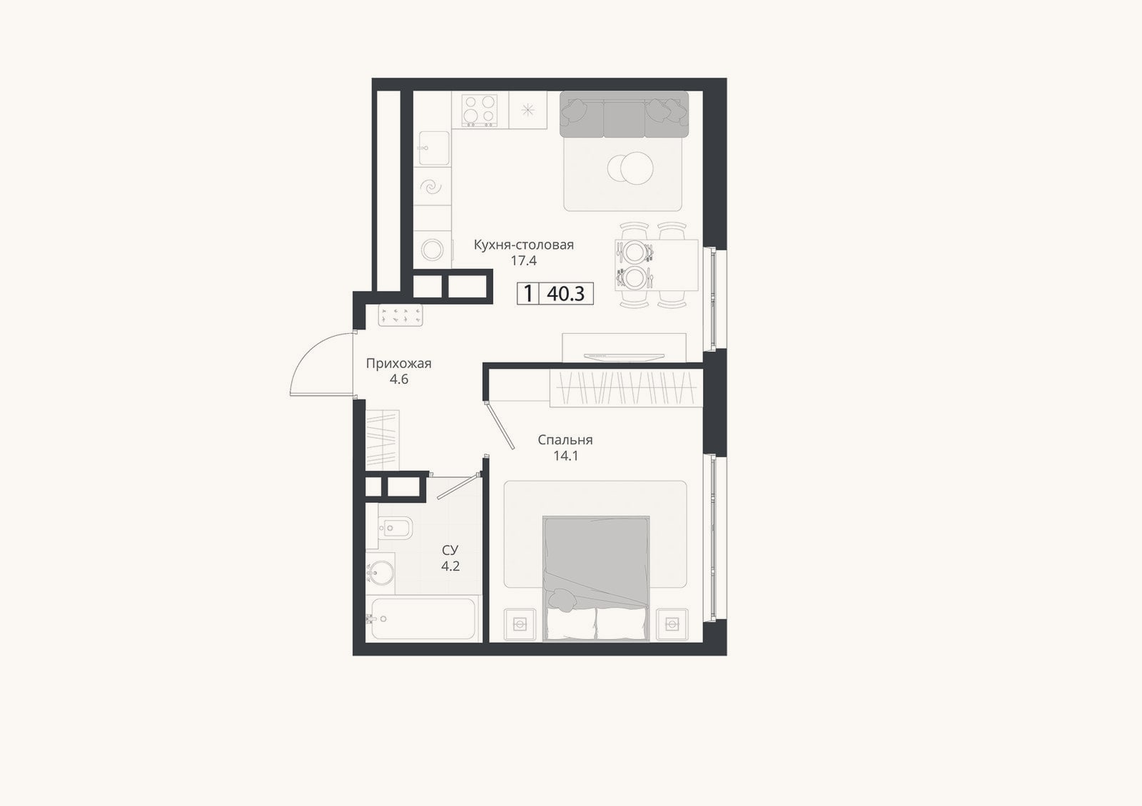 Планировка: 2-к, 40,3 м²