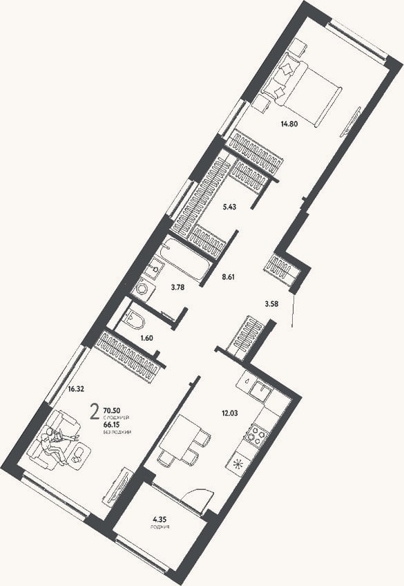 Планировка: 2-к, 66,2 м²