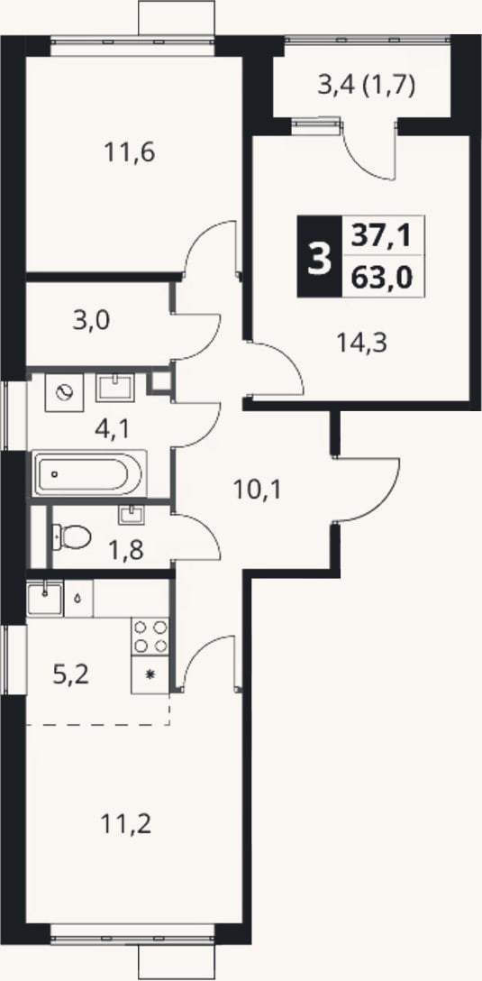 Планировка: 3-к, 61,3 м²