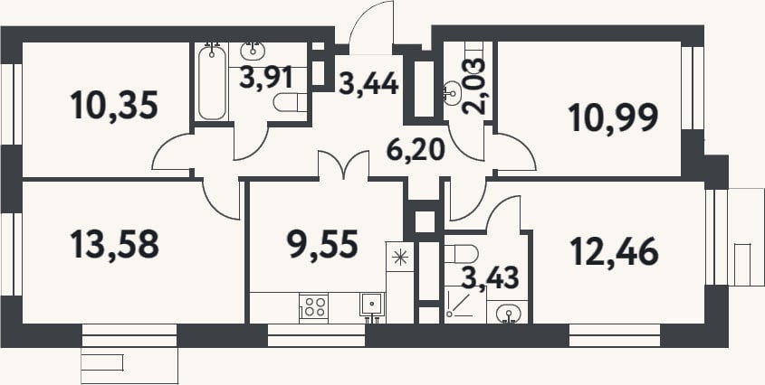Планировка: 4+ к, 75,9 м²