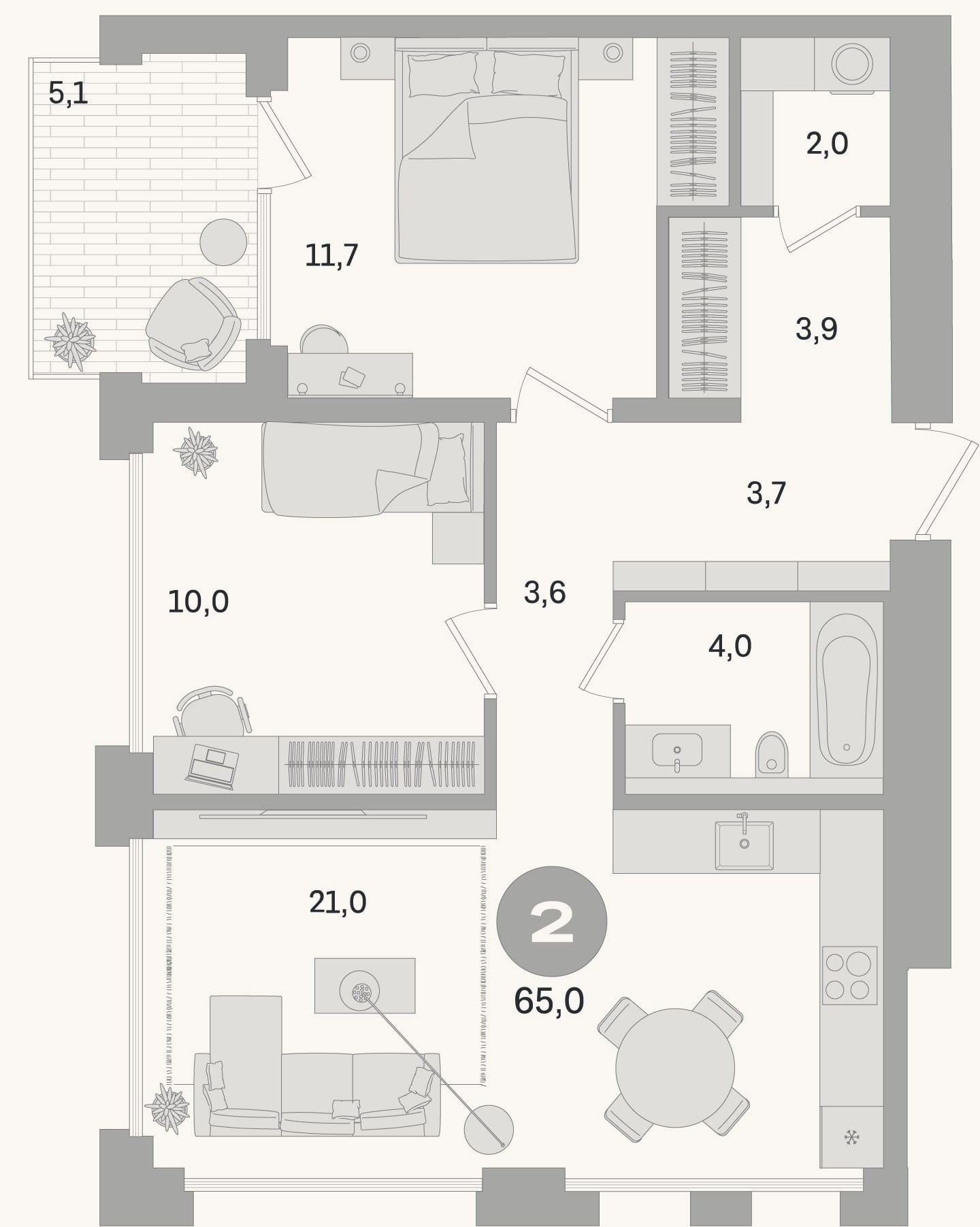 Планировка: 2-к, 59,9 м²