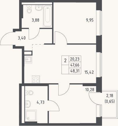 Планировка: 3-к, 47,7 м²