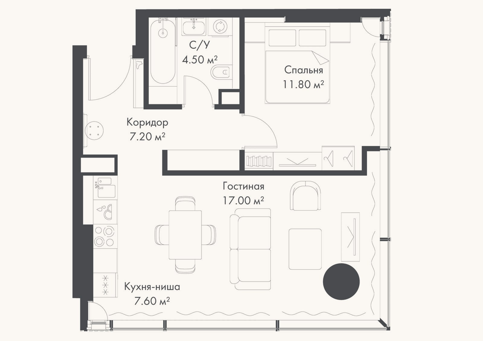 Планировка: 2-к, 48,1 м²