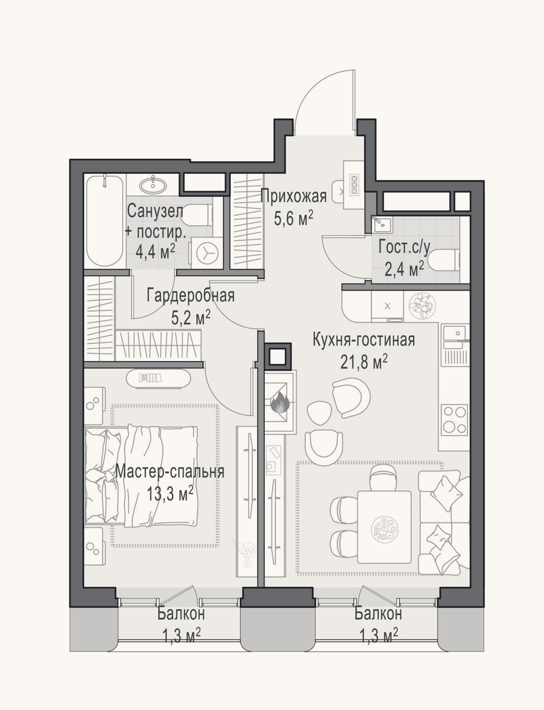 Планировка: 2-к, 52,9 м²
