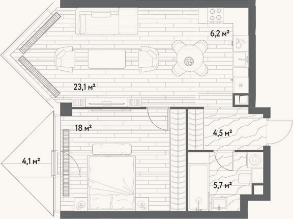 Планировка: 2-к, 57,5 м²