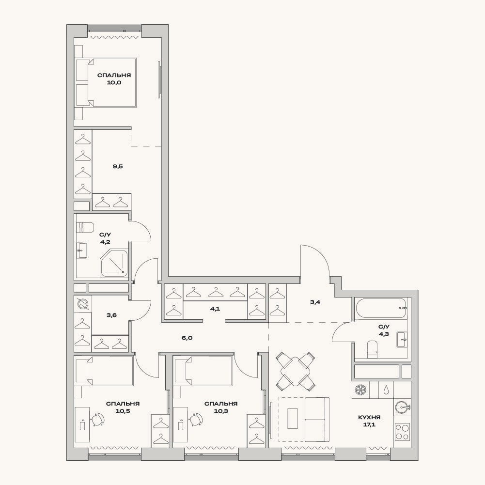 Планировка: 4+ к, 83 м²