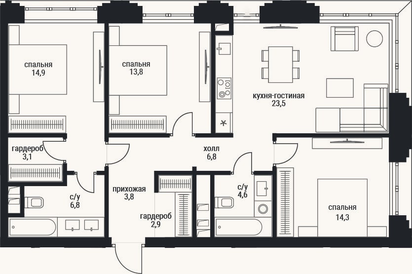 Планировка: 4+ к, 93,9 м²