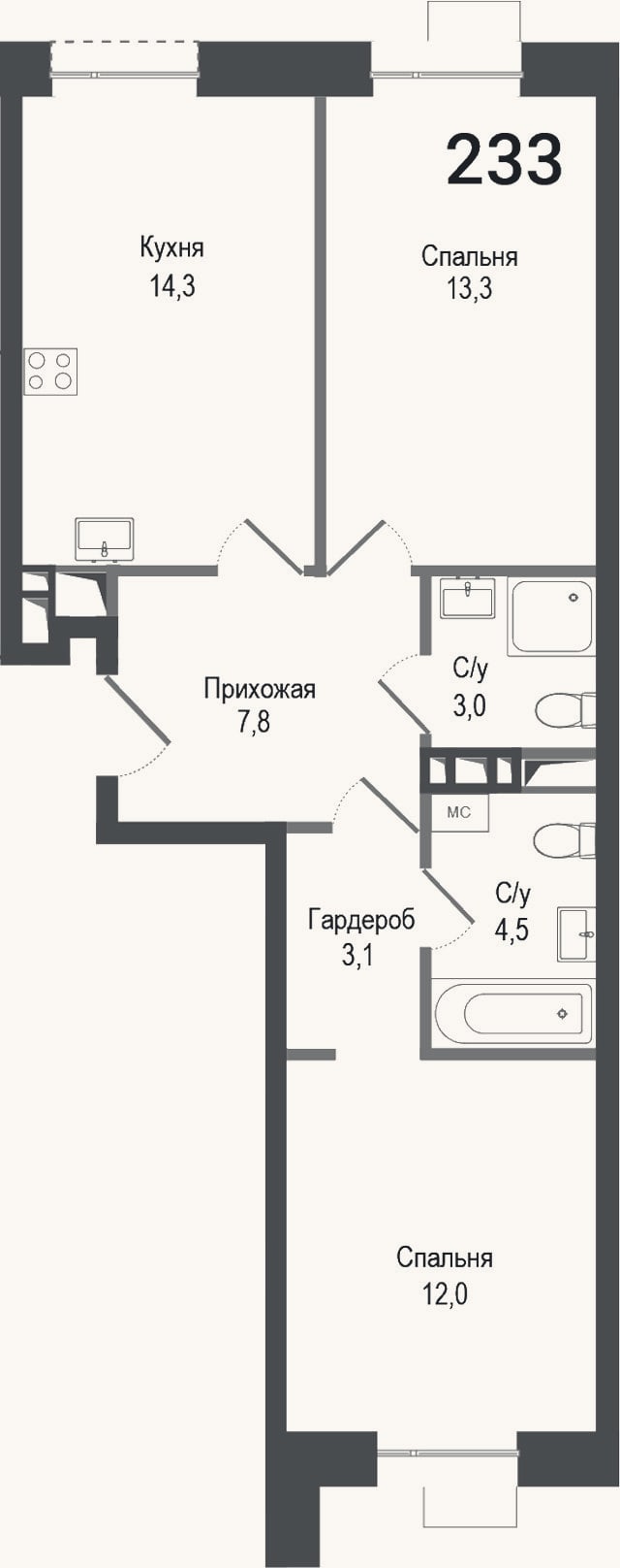 Планировка: 2-к, 58 м²
