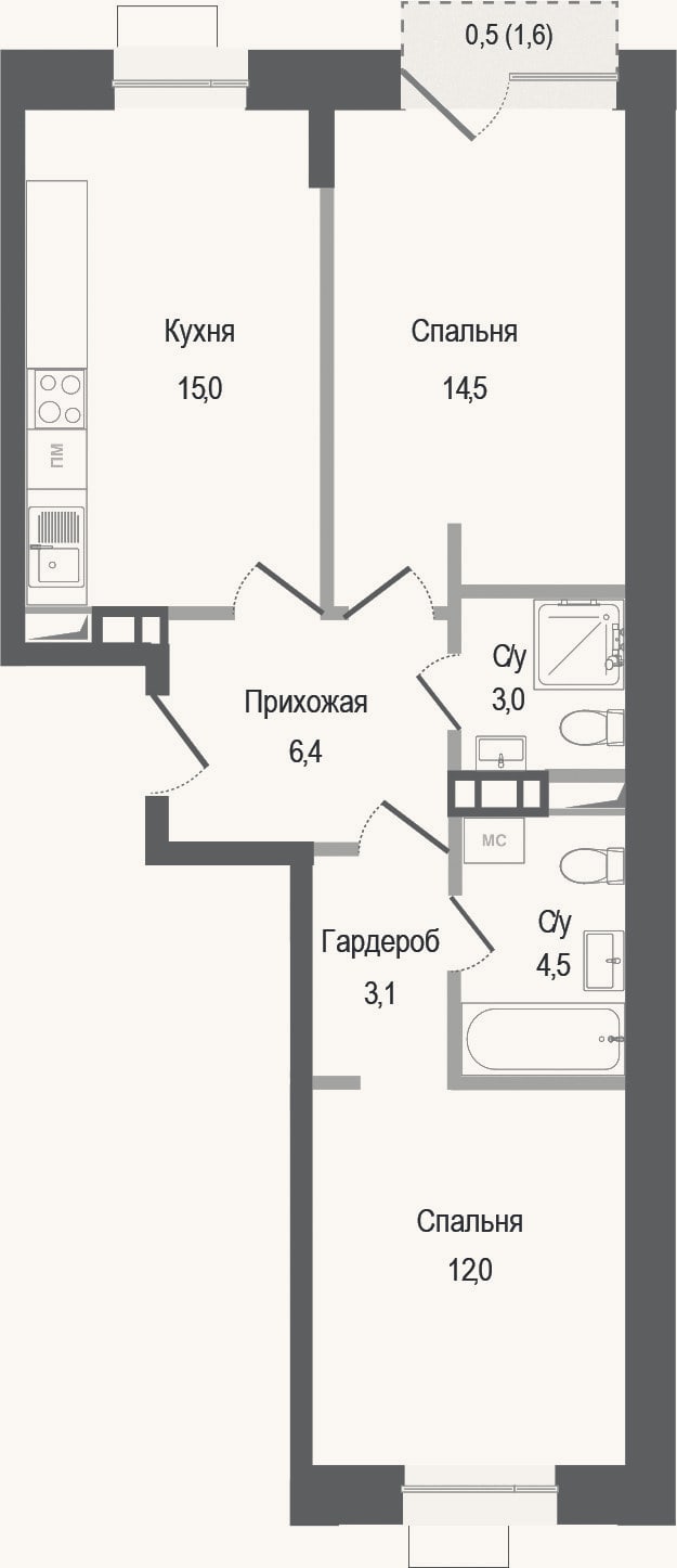 Планировка: 2-к, 58,5 м²