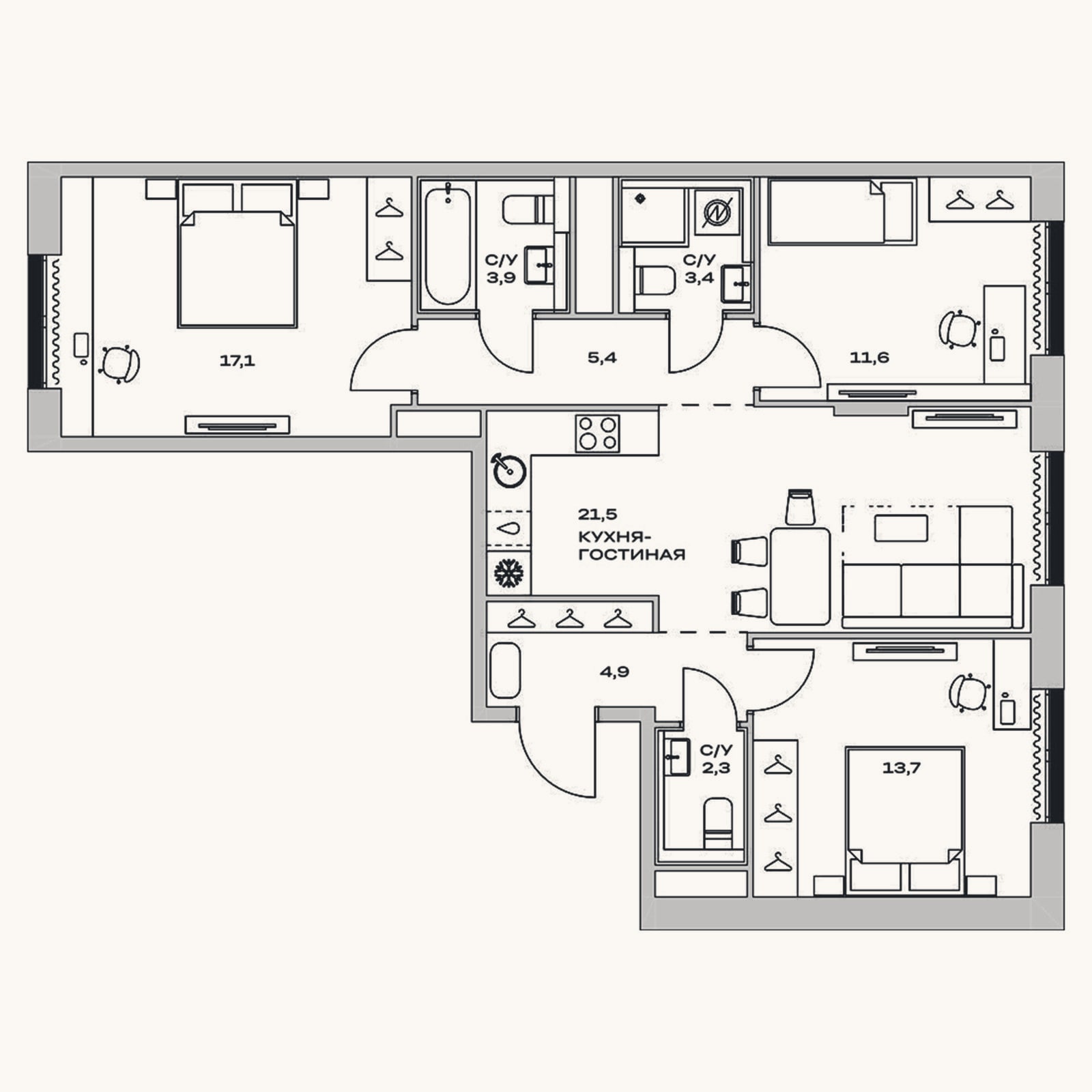 Планировка: 4+ к, 83,8 м²