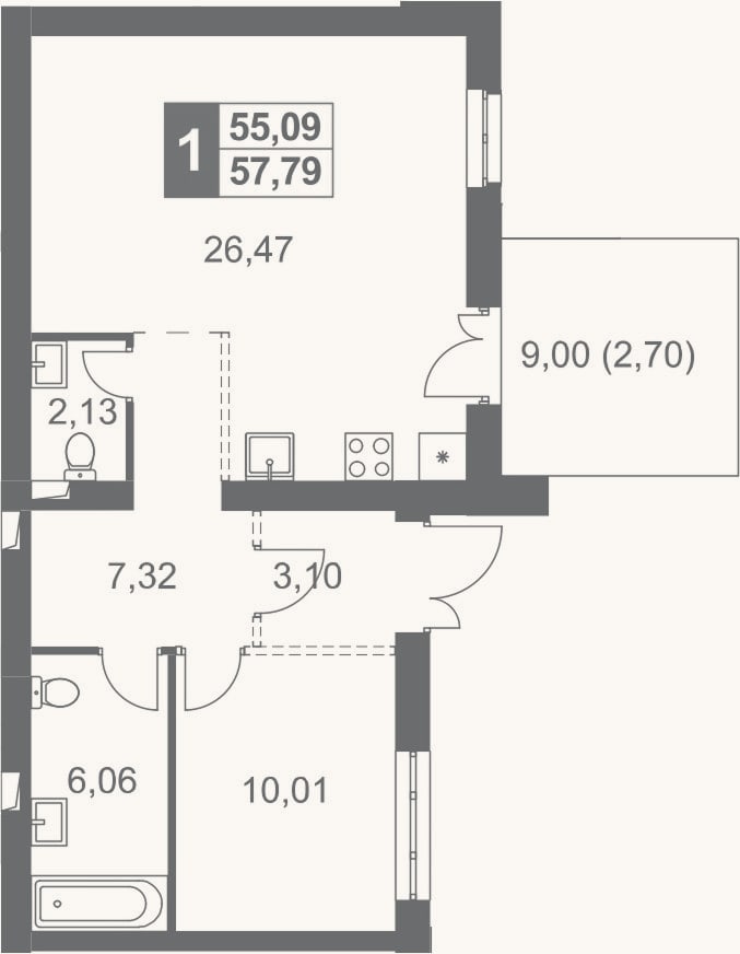 Планировка: 2-к, 55,1 м²