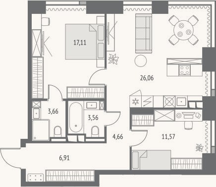 Планировка: 3-к, 73,5 м²