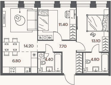 Планировка: 3-к, 62,4 м²