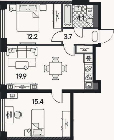 Планировка: 3-к, 55,3 м²