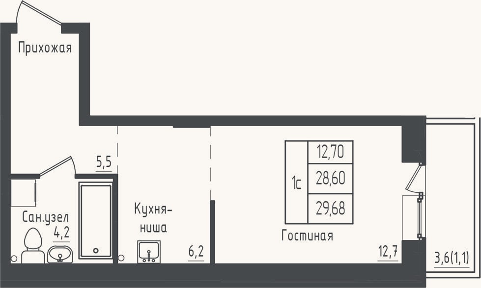 Планировка: Студия, 28,6 м²