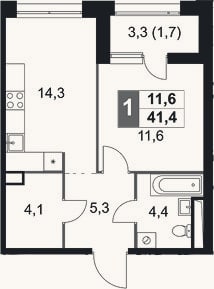 Планировка: 1-к, 39,7 м²