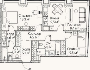 Планировка: 3-к, 72,5 м²