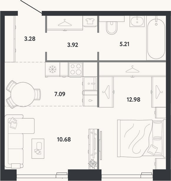 Планировка: 1-к, 43,2 м²