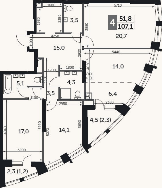 Планировка: 4+ к, 102,6 м²