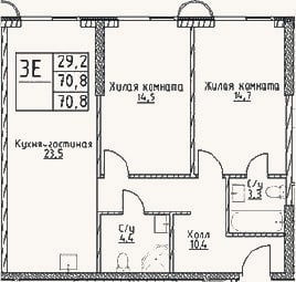 Планировка: 3-к, 70,8 м²