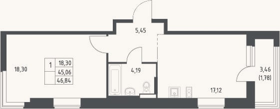 Планировка: 2-к, 46,8 м²