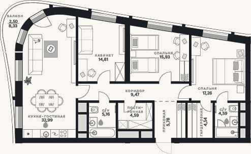 Планировка: 3-к, 115,1 м²