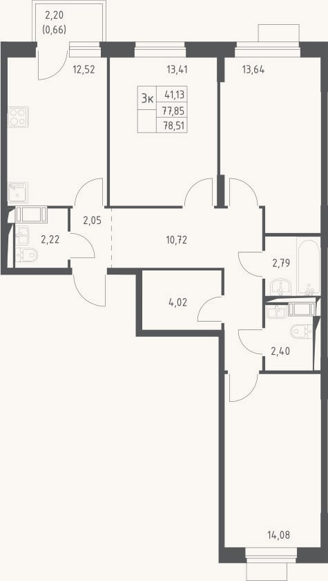 Планировка: 3-к, 77,9 м²