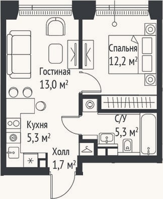 Планировка: 2-к, 37,4 м²