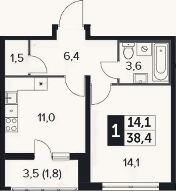Планировка: 1-к, 36,6 м²