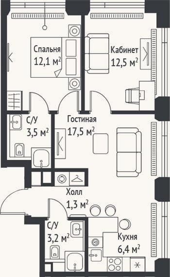 Планировка: 3-к, 56,5 м²