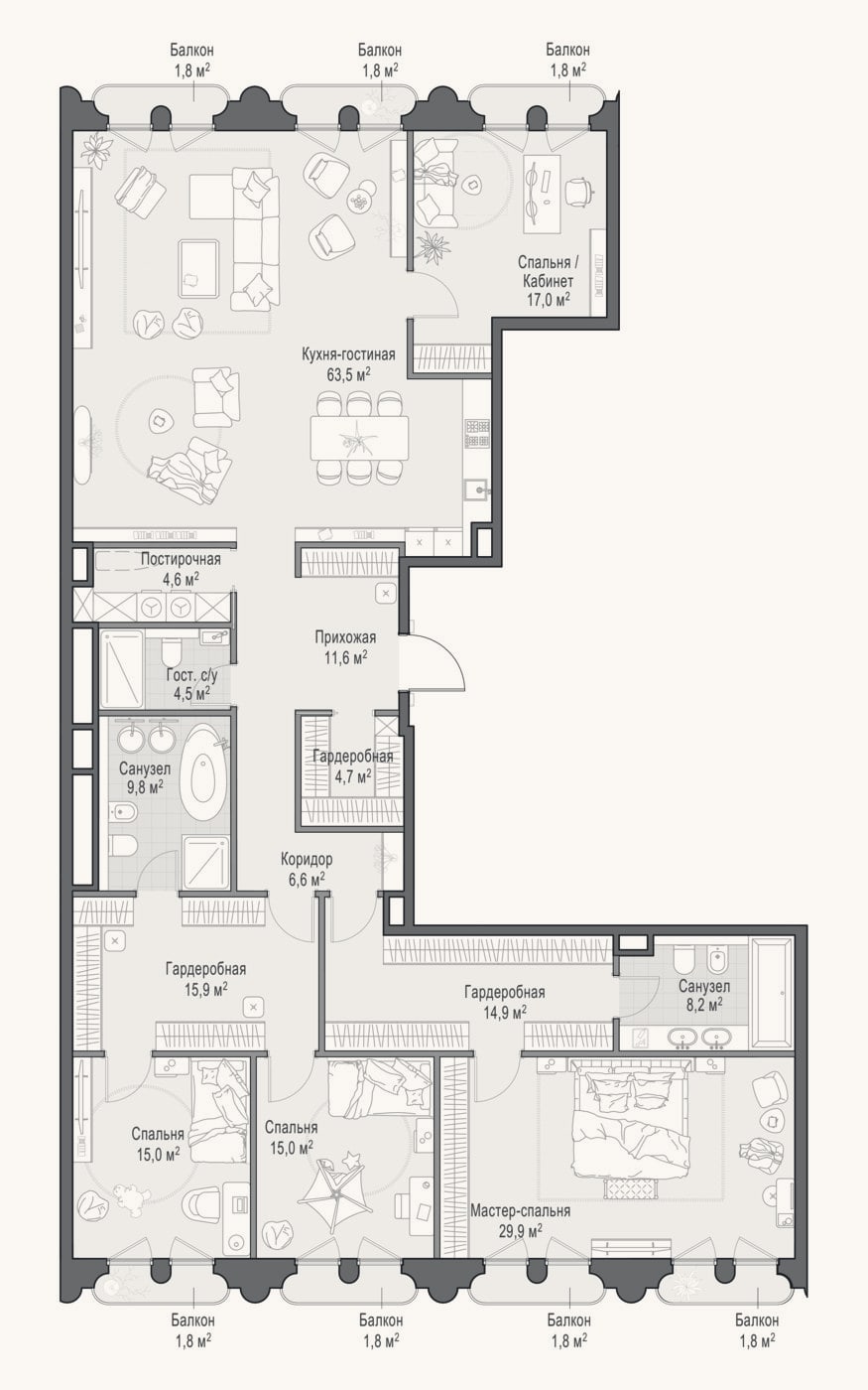 Планировка: 4+ к, 227,8 м²