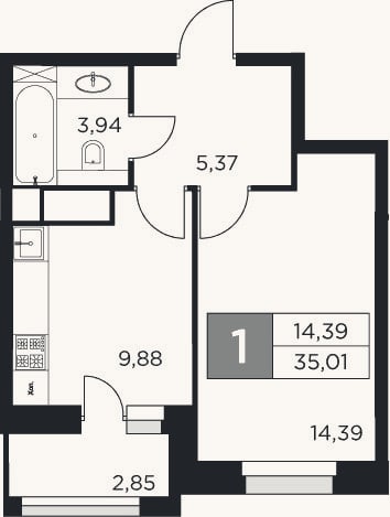 Планировка: 1-к, 33,6 м²
