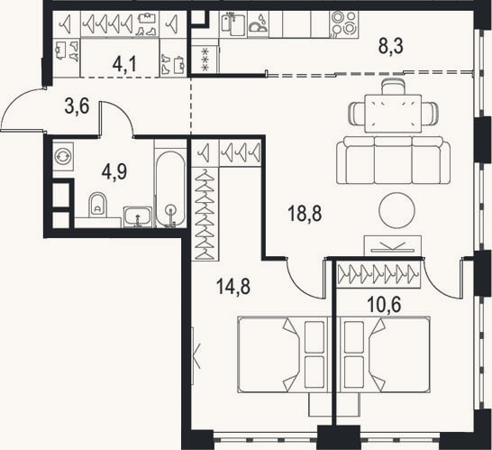 Планировка: 3-к, 65,1 м²