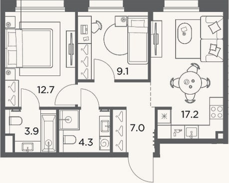 Планировка: 2-к, 54,2 м²