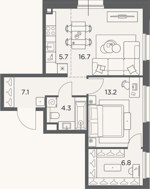 Планировка: 2-к, 53,8 м²