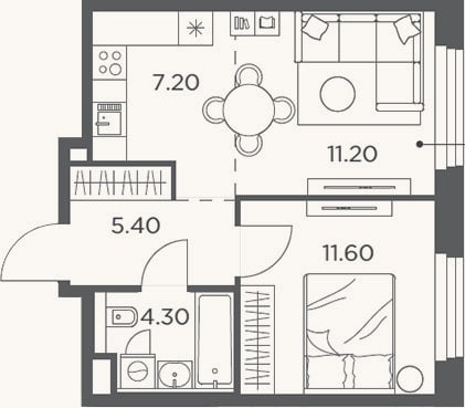 Планировка: 2-к, 39,7 м²