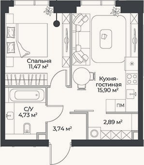 Планировка: 2-к, 38,7 м²