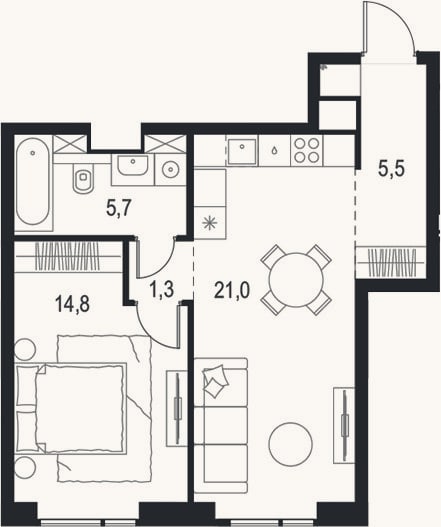 Планировка: 2-к, 48,3 м²
