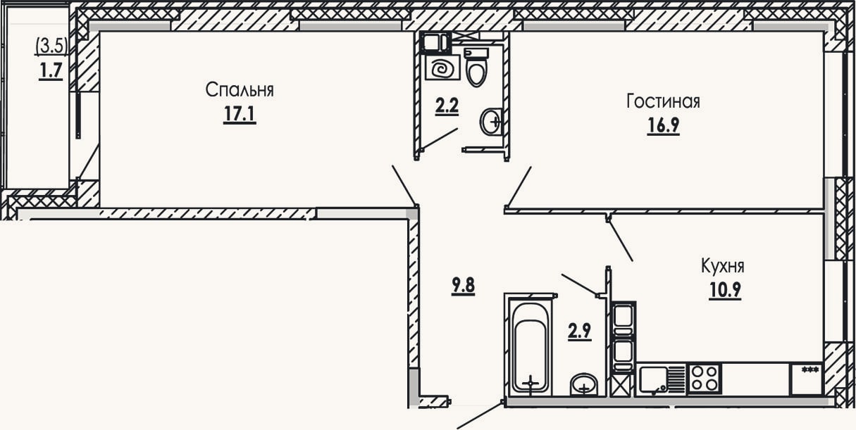 Планировка: 2-к, 59,8 м²