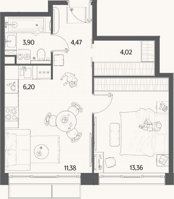 Планировка: 2-к, 43,3 м²