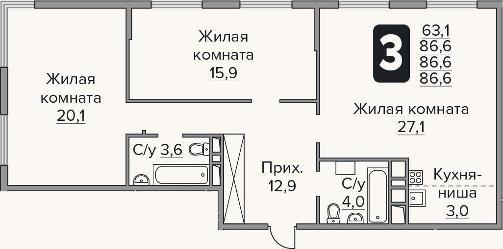 Планировка: 3-к, 86,6 м²