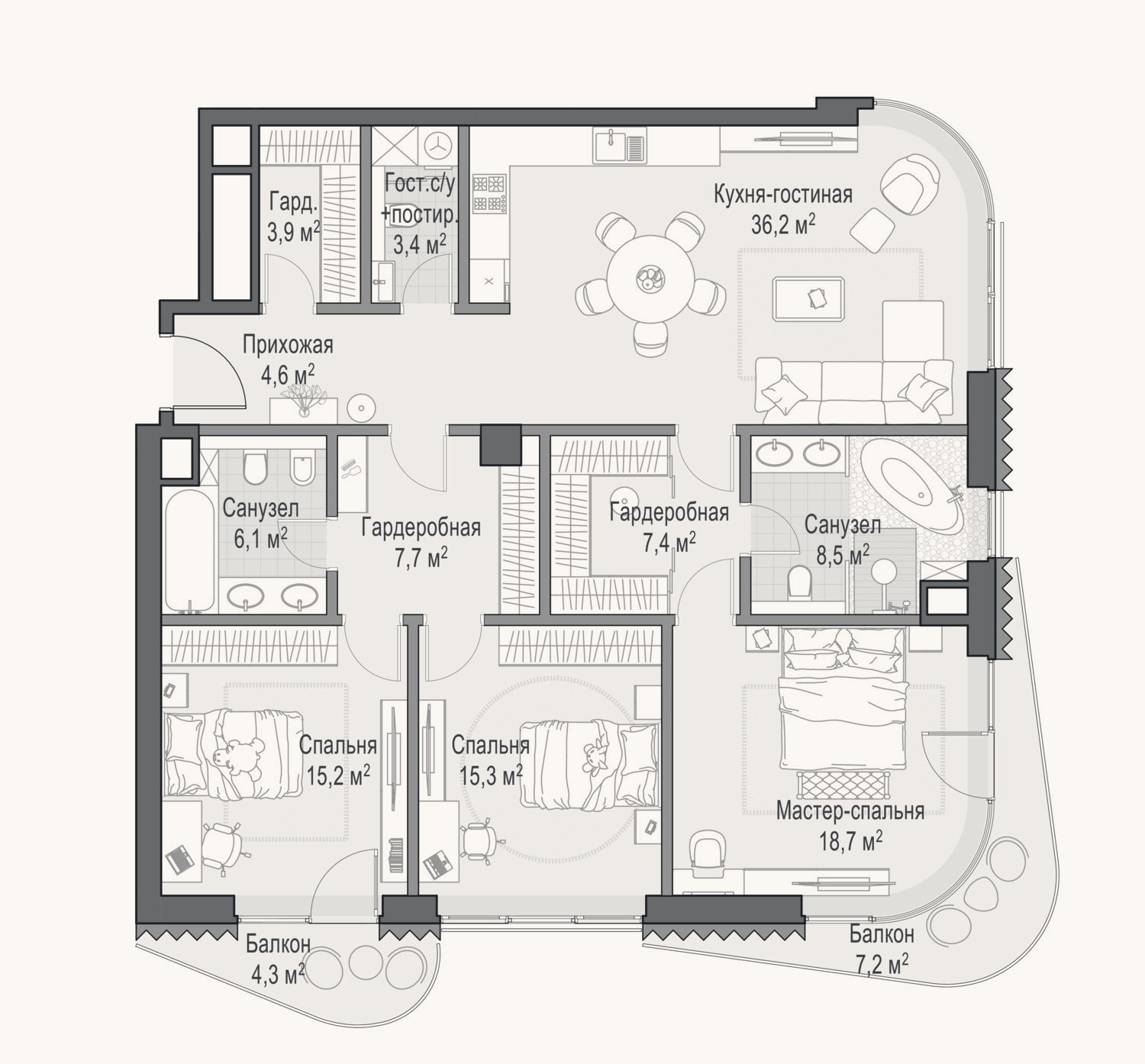Планировка: 4+ к, 127,6 м²