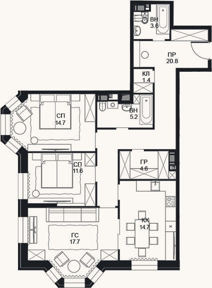 Планировка: 3-к, 94,3 м²