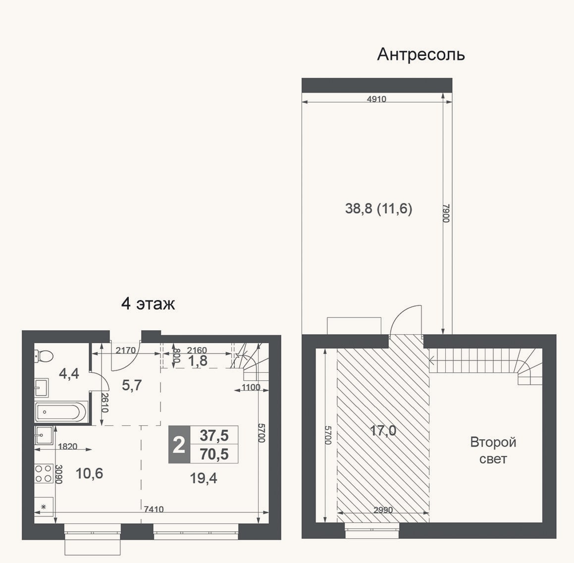 Планировка: 1-к, 58,9 м²