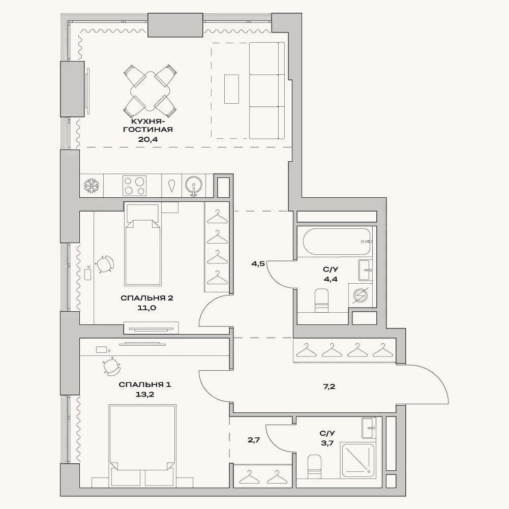 Планировка: 3-к, 68,5 м²