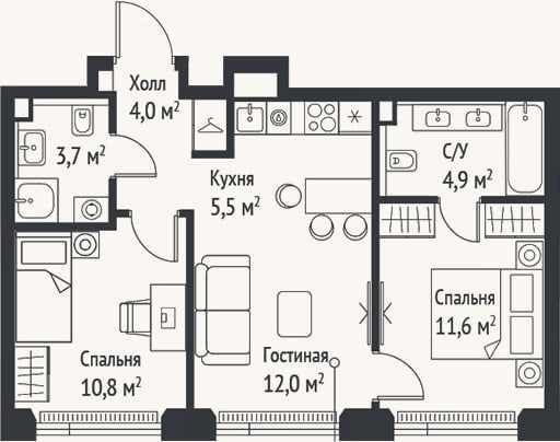 Планировка: 3-к, 52,4 м²