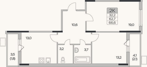 Планировка: 2-к, 62,7 м²