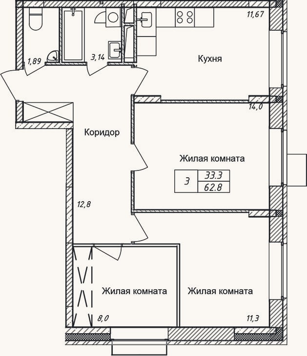 Планировка: 3-к, 62,8 м²
