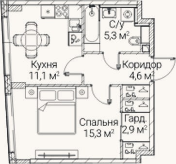 Планировка: 1-к, 39,2 м²